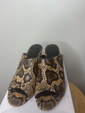 Vince Tan & Brown Snake-Print Peep-Toe Mules